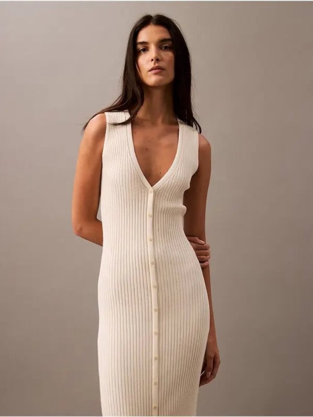Calvin Klein Jeans Sleeveless Ribbed Button-Front Maxi Dress - Cream - NWT